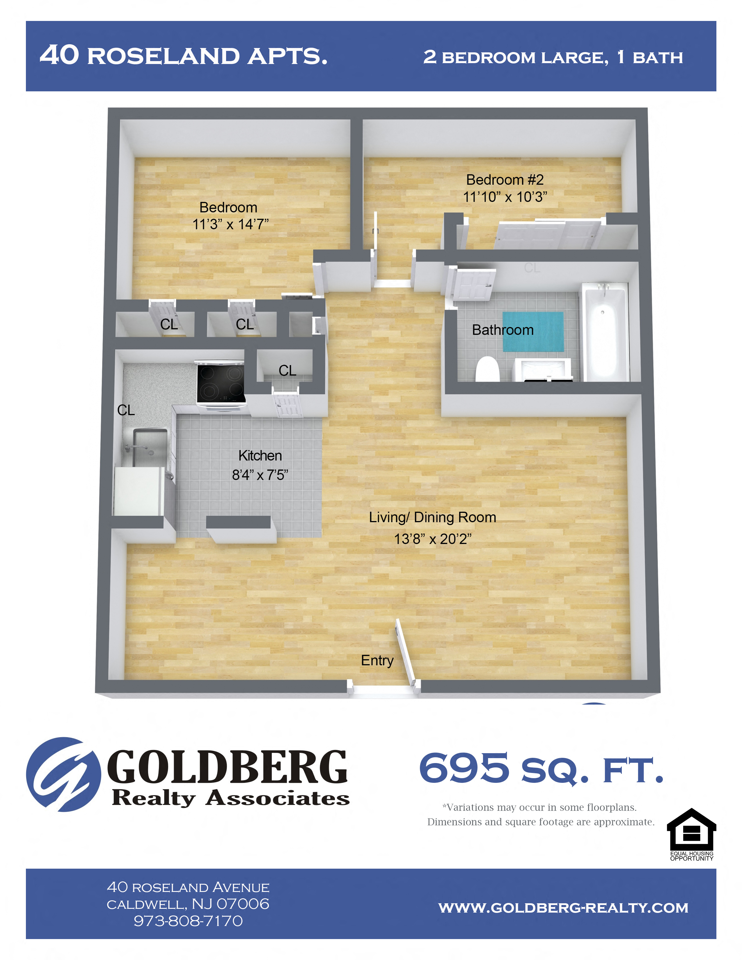 Floor plan for 2 beds, 1 bath, 695 sqft